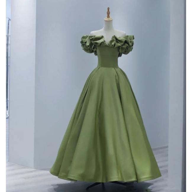 カラードレス グリーン 緑 オフショルダー 前撮り 披露宴 ロングドレス