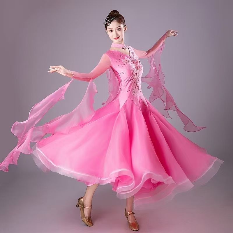 高級国標舞 演出用 モダンダンス ドレス 刺繍×ラインストーン