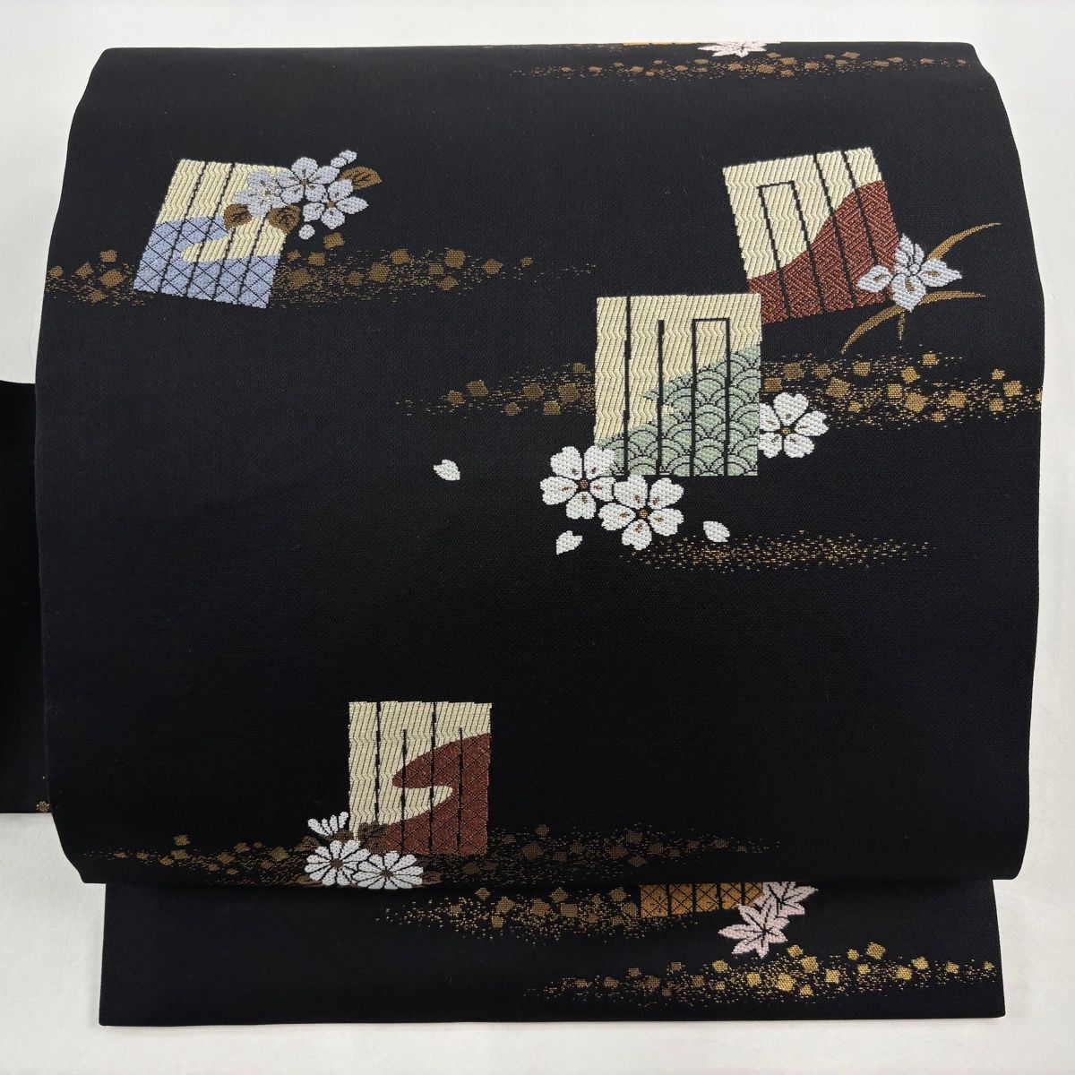 ☆おまとめ☆ 開き名古屋帯 美品 名品 桜 源氏香 黒 正絹 【中古】 名古屋帯 桜