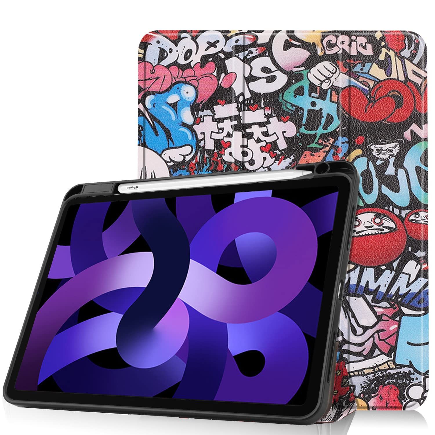 三つ折り ペン収納 TPU (落書き) レザーケース 10.9インチ Air5 iPad iPad iPad iPad Air4 プリント 印刷 イラスト 柄物 カバー 第5世代 第4世代 Air Air 充電収納対応 Pencil Apple ケース 11イ
