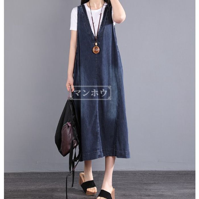 デニムワンピース ジャンパースカート ロングワンピース Vネック 着痩せ ワンピース 無地 体型カバー chaoliu180