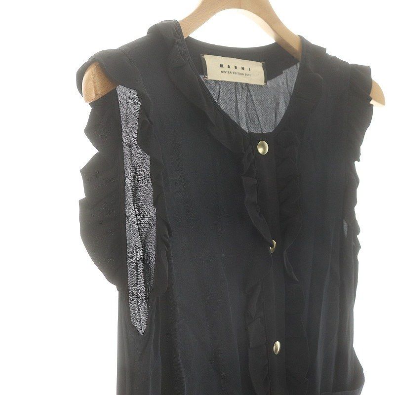 マルニ MARNI フリルノースリーブワンピース 膝丈 38 ネイビー /DO