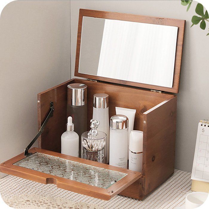 メイクボックス 木製 フラワーガラスアンティーク 卓上ミニドレッサー  