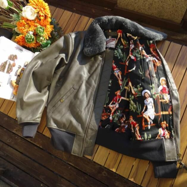 B-15フライトジャケット 本革　メンズ ウール 襟取り外し可能 牛革　 革ジャン　Ｍ～3XL　グリーン