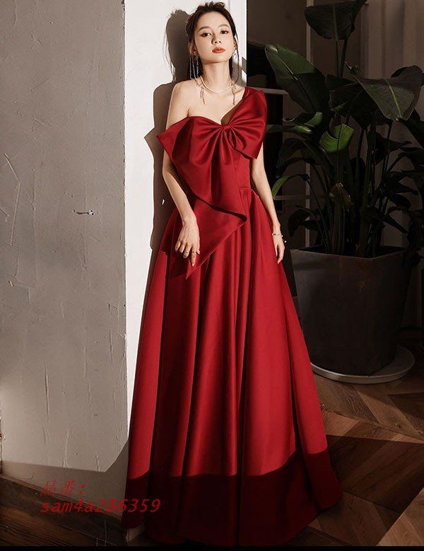 ロングドレス 演奏会 ワインレッド ワンショルダー 大きいリボン 編み上げ パーティードレス 二次会 結婚式 花嫁 am4a286359 NICORILABO_COM
