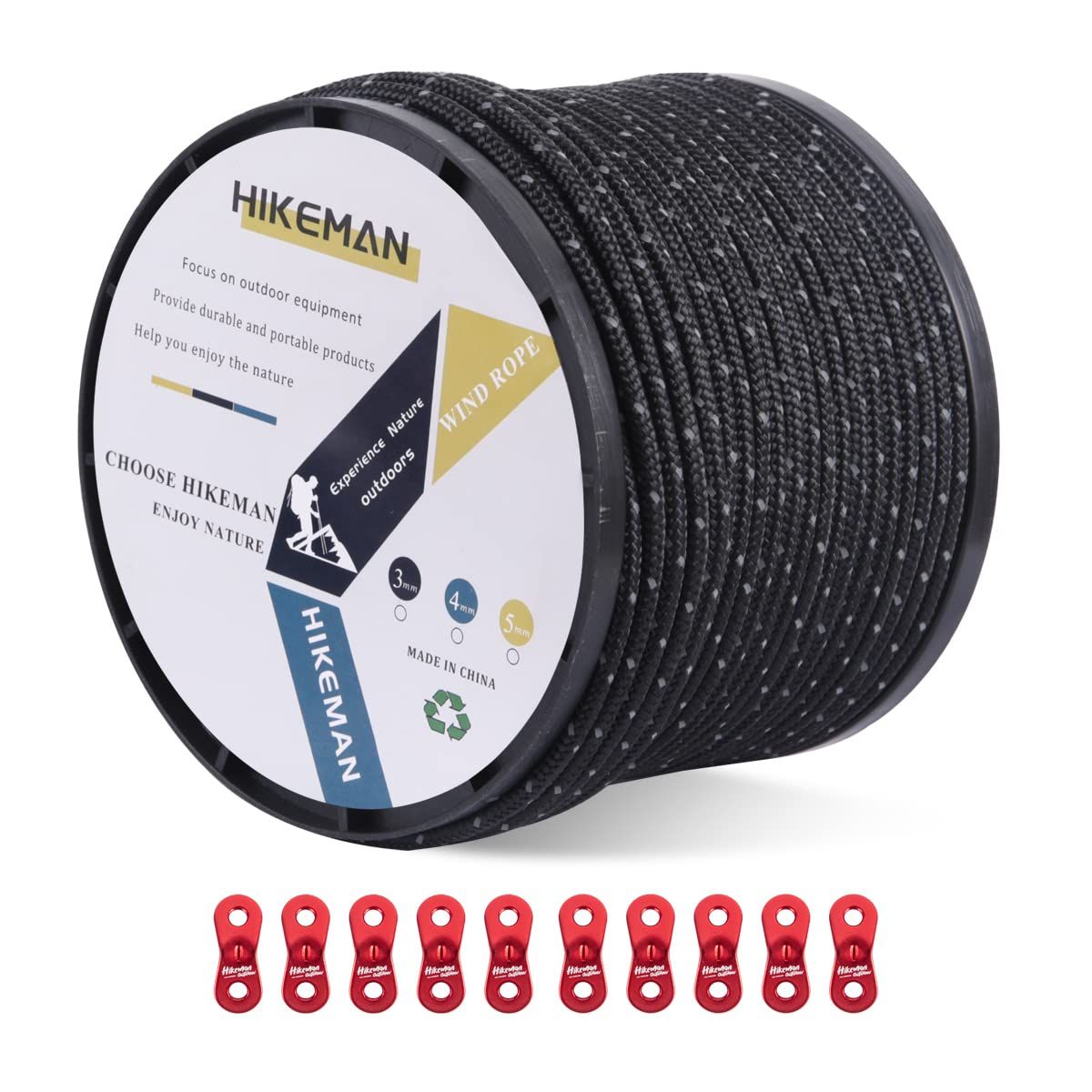 張り綱 タープ用 反射材入り 50m ガイロープ 3mm/4mm/5mm 多機能 自在金具付き パラコード ポリエステル製 登山 設営 テントロープ キャンプ用品 結びやすい…ブラック（直径4ｍｍ）…