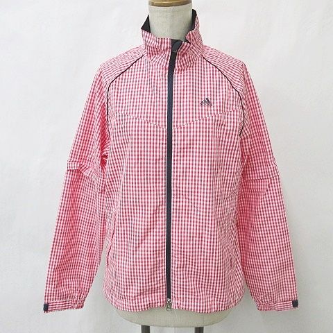 アディダス adidas テーラーメイド ジャケット レインウェア 2WAY ゴルフ 長袖 半袖 ジップアップ スタンドカラー ロゴ メッシュ チェック柄 赤 白 レッド ホワイト M