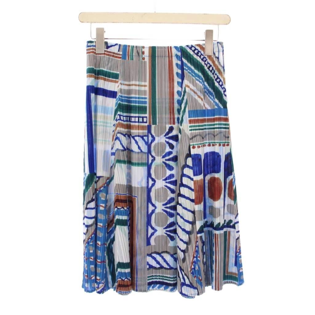 プリーツプリーズ PLEATS PLEASE イッセイミヤケ フ スカート イージー ひざ丈 ウエストゴム 総柄 4 青 マルチカラー |BB