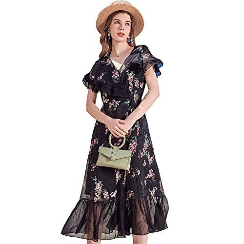 CISULI シルクリネンドレス プリントドレス 女性の夏のドレス 新しいファッション 夏休みスタイル ロングドレスブルー 01 L