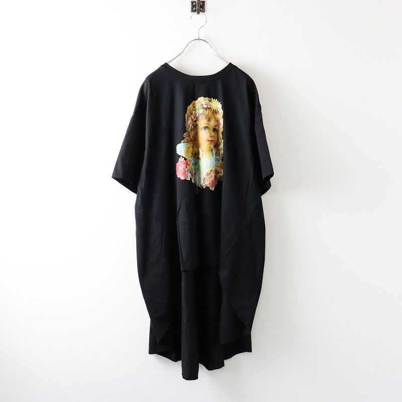 ロイスクレヨン アンドエルシー Lois CRAYON -ellecy 天使プリント 前後差 ビッグシルエット Tシャツワンピース M|黒 2400014059205