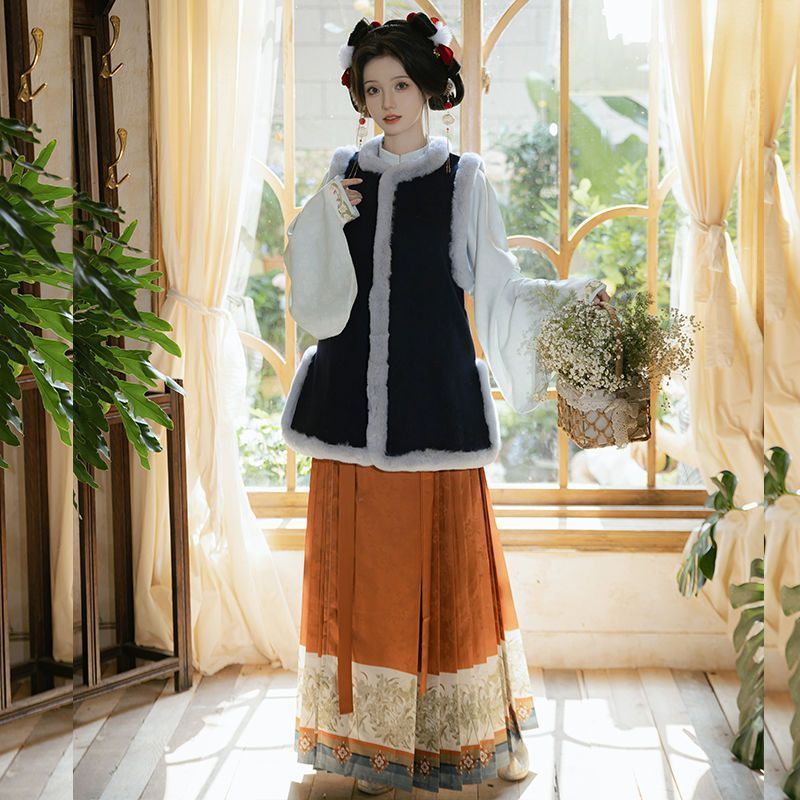 明制漢服 冬款 日常着用 圓領短襖 比甲 琵琶袖 立領デザイン 圈毛保暖 高品質防寒衣装 撮影用 仮装 イベント用 プレゼントにも最適 中国風上品スタイル