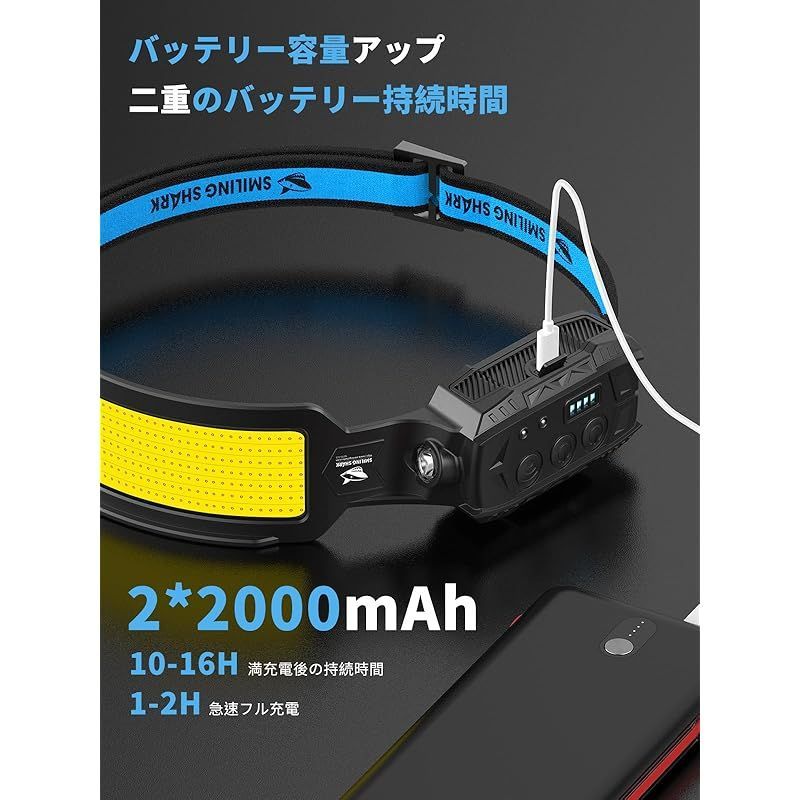 Smiling Shark ヘッドライト, 【LED白&赤ヘッドライト 1個入り】USB充電式 7倍高輝度照明 4000 mAh 長時間使用  人感センサー付き IPX4防水 防塵 釣り 登山 散歩 懐中電灯 キャンプ 作業 災害 停電 最適 メルカリ