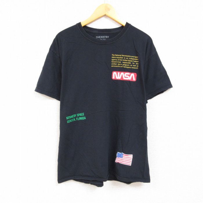 L/古着 半袖 Tシャツ メンズ NASA 星条旗 コットン クルーネック 黒 ブラック 23may23 中古