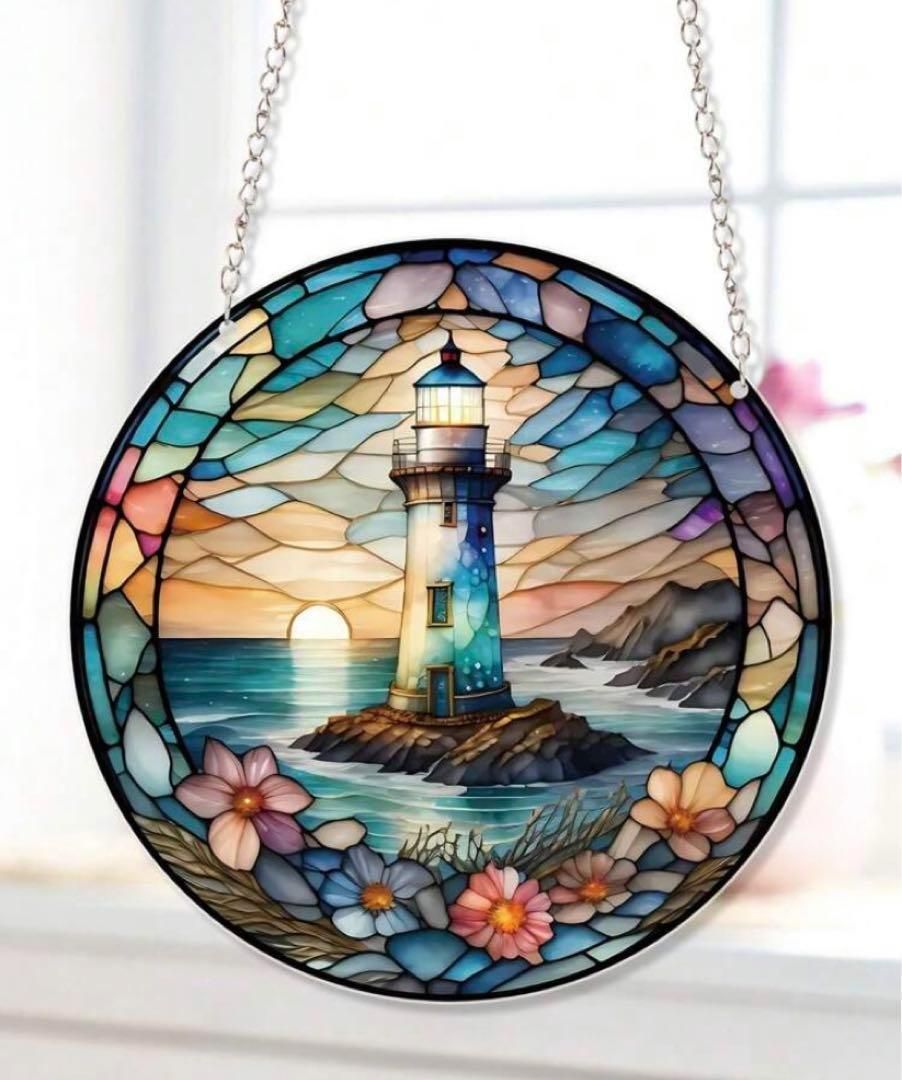 月と海壁かけ鏡ステンドグラス