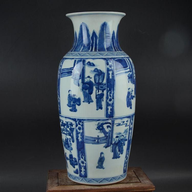大清康熙青花窓人物紋花瓶  景徳鎮 陶磁器 装飾品 現代工芸品 美術品 置物 大清康熙青花窓人物紋花瓶 景徳鎮 陶磁器 装飾品 現代工芸品