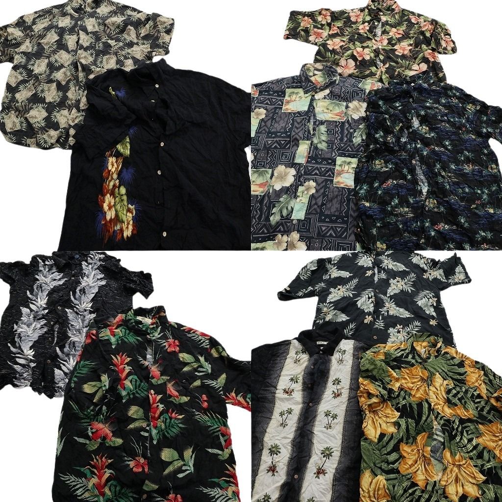 古着卸 黒ボディ アロハシャツ 半袖シャツ 10枚セット メンズ XL ハイビスカス リーフ ボーダーパターン 古着 NA3196