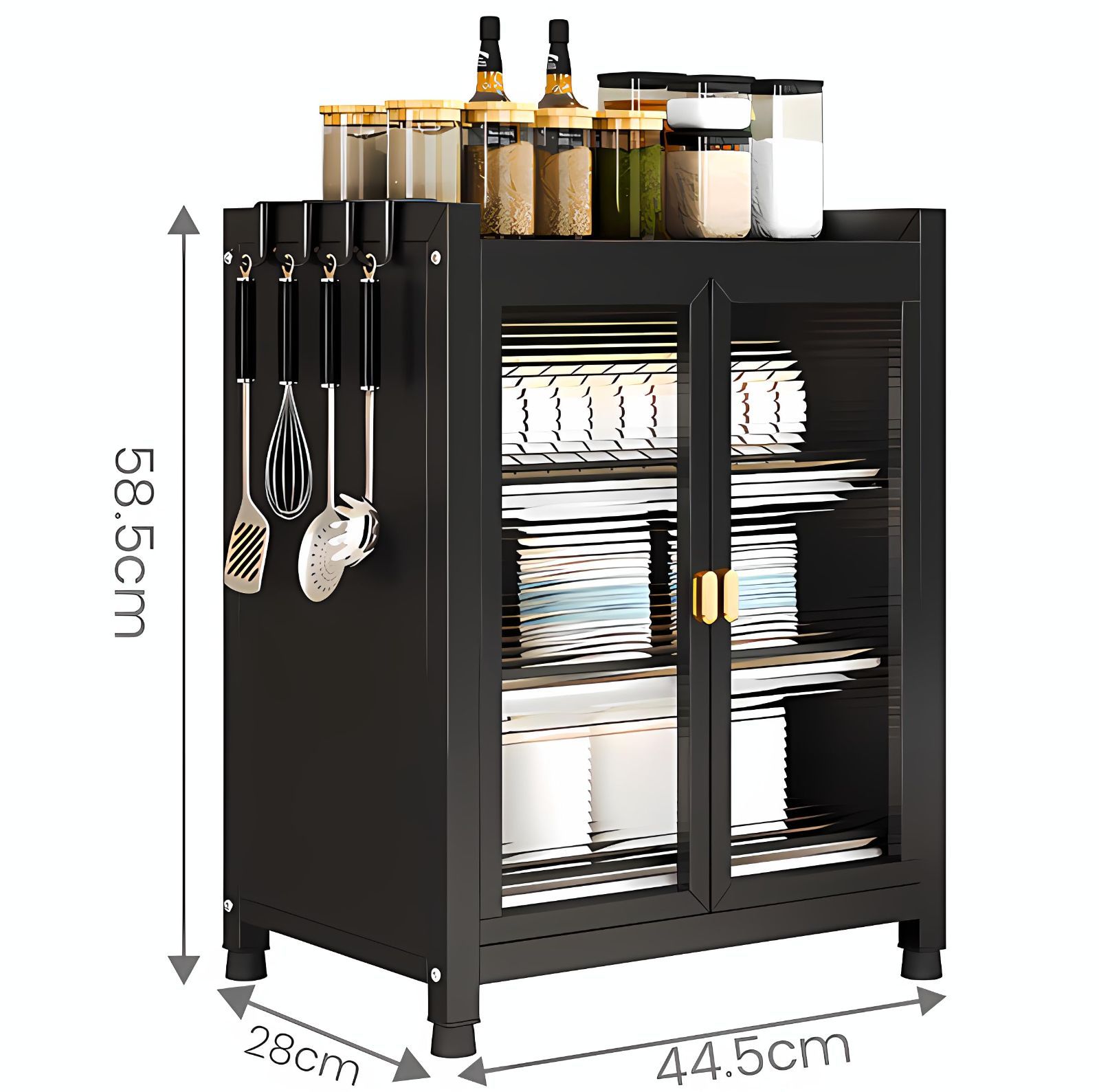 オープンラック 対開ドア 組み立て簡単 20分 ブラック ドライバー付属 コンパクト 3段 省スペース 幅44.5cm 調理器具 食器整理 スリム 奥行44.5 cm幅28 レンジ台 cm高さ58.5 cm キッチン収納 収納家具 キッチンラック