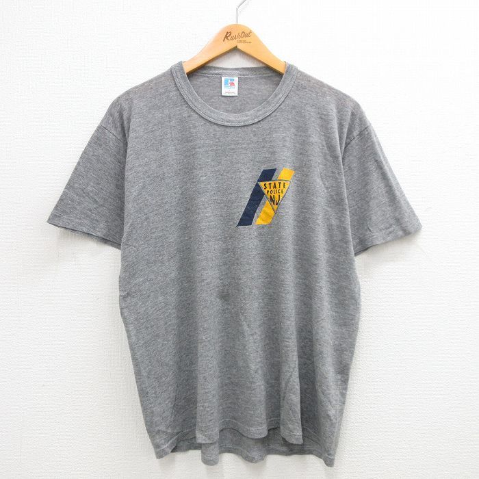 XL/古着 ラッセル 半袖 ビンテージ Tシャツ メンズ 80s POLICE クルーネック グレー 霜降り 24jul03 中古