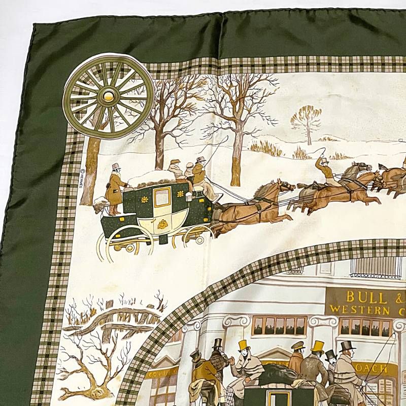 2507-9｜※専用｜エルメス カレ 90 スカーフ シルク カーキ HERMES エルメス スカーフ カレ90 L'HIVER EN POSTE 郵便馬車