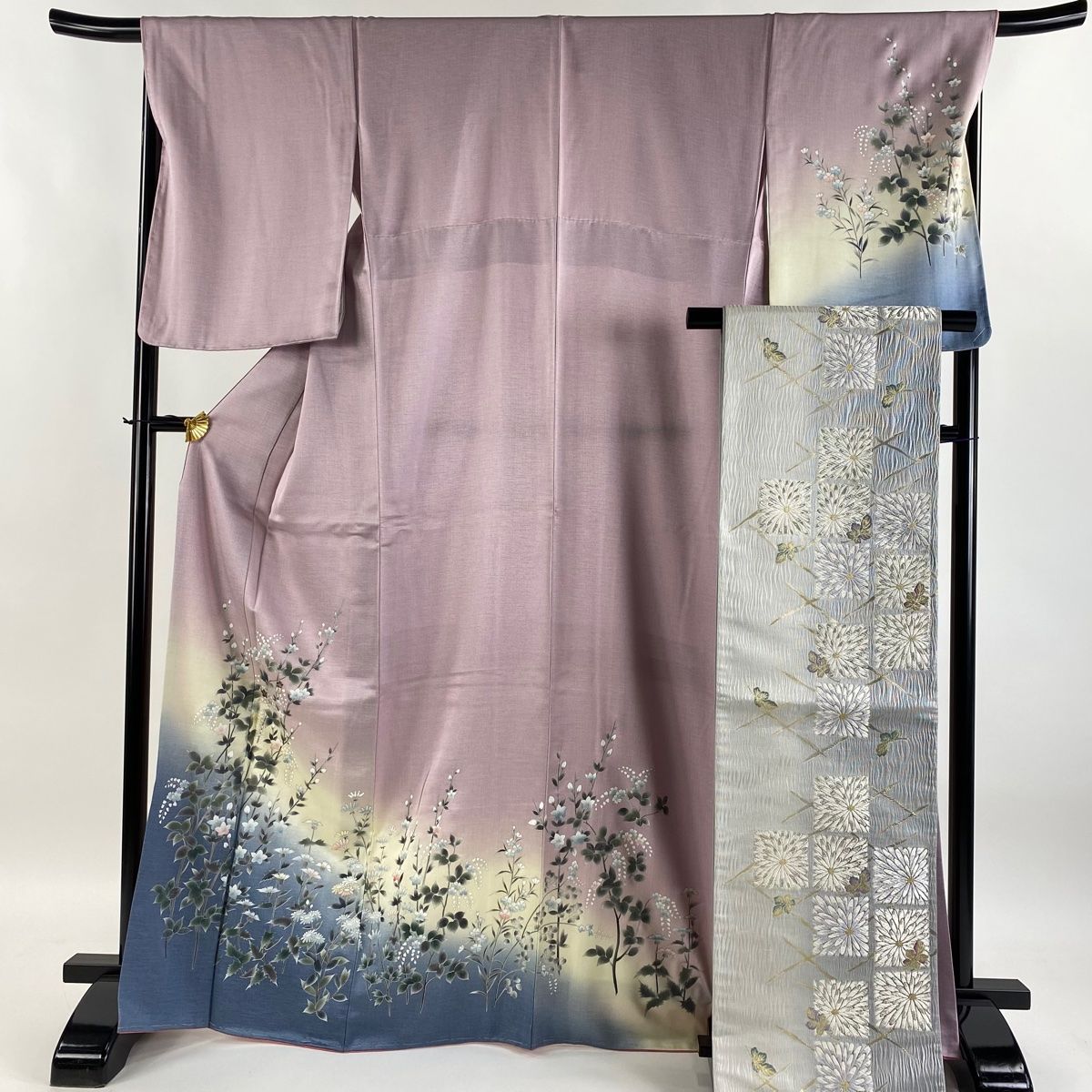 小紋 身丈164cm 裄丈62.5cm S 袷 名古屋帯セット 幾何学模様 絞り 灰紫 正絹 美品 秀品 中古 小紋 身丈164cm 裄丈62.5cm S 袷 名古屋帯セット 幾何学模様 絞り