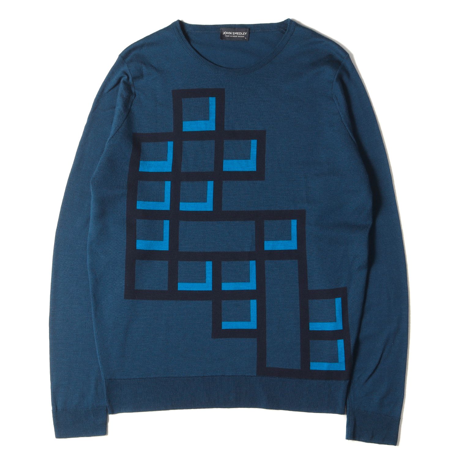 JOHN SMEDLEY ジョンスメドレー ニット サイズ:L ジオメトリック柄 ハイゲージ ウール ニットセーター プルオーバー ネイビー 紺 トップス 長袖【メンズ】