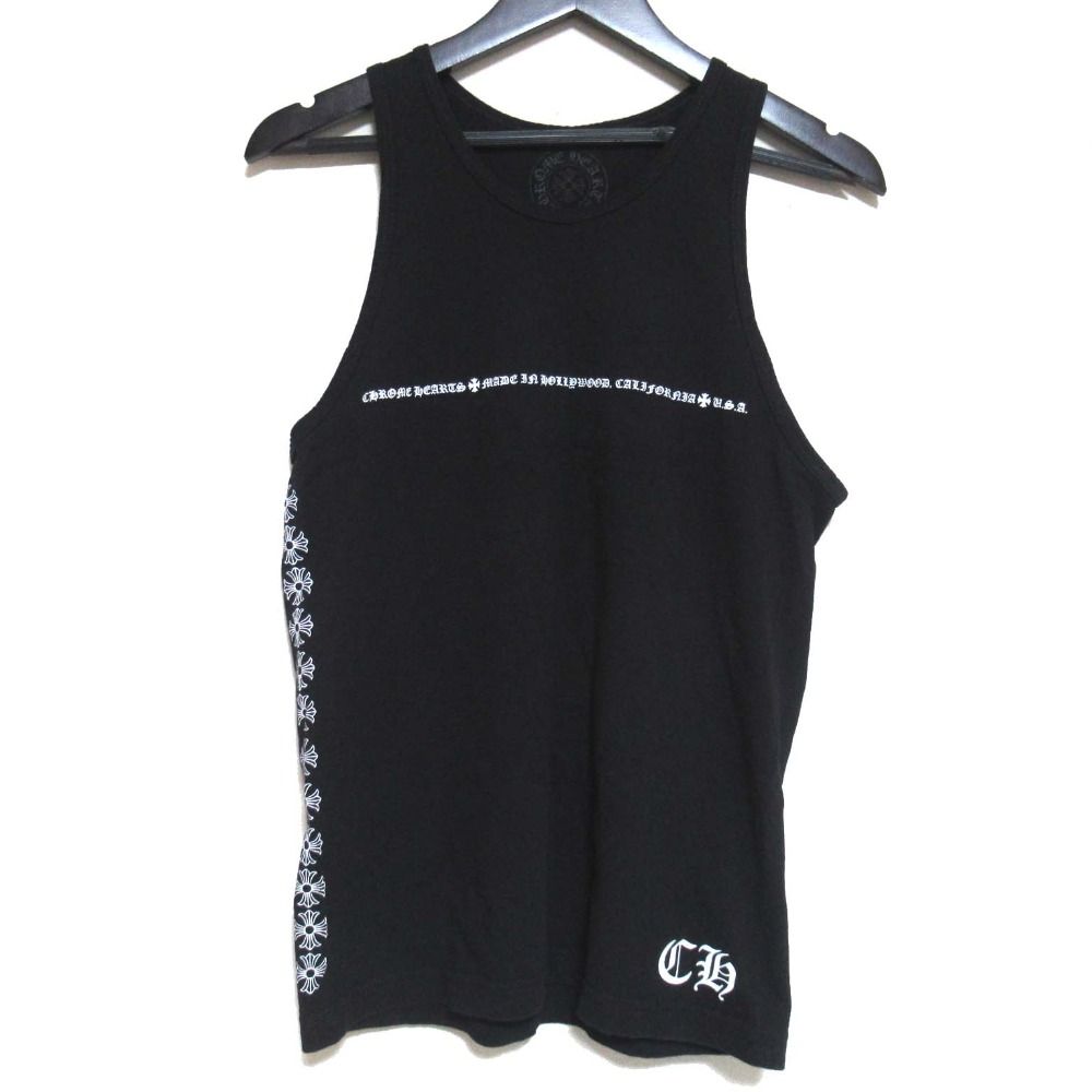 CHROME HEARTS クロムハーツ ロゴ プリント クルーネック タンクトップ ノースリーブ カットソー ブラック メンズ 古着