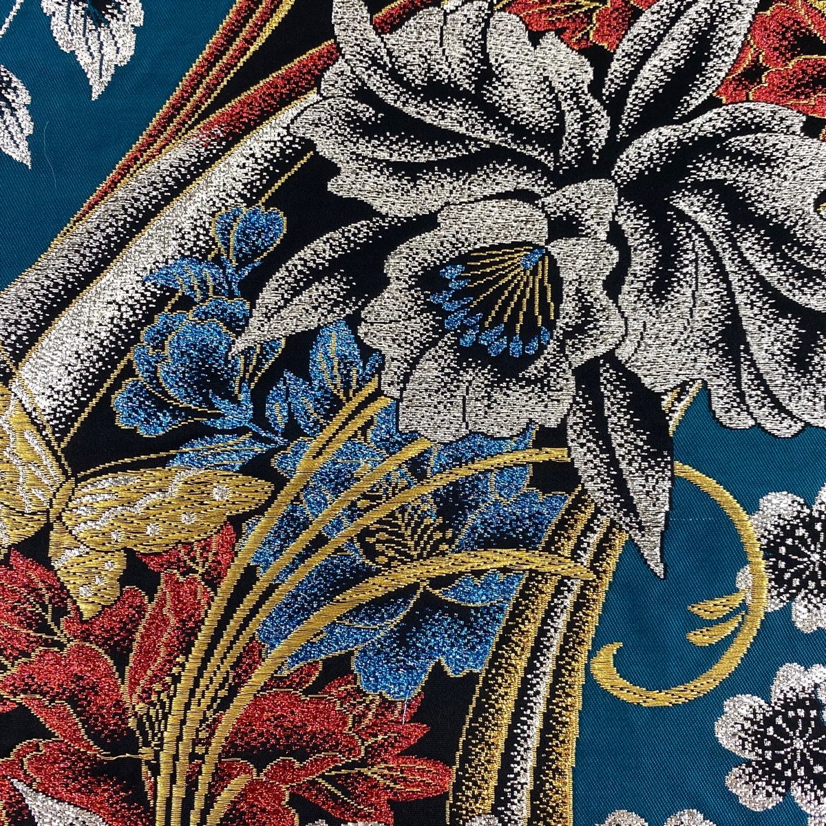 袋帯 秀品 草花 蝶 金糸 箔 深緑 六通 正絹