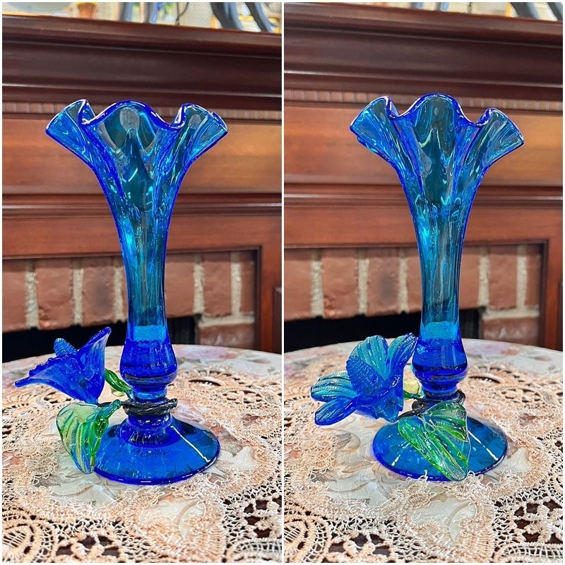 レトロ ブルー フリル 花瓶 青 花 フラワーベース 花器 綺麗 ガラス製 