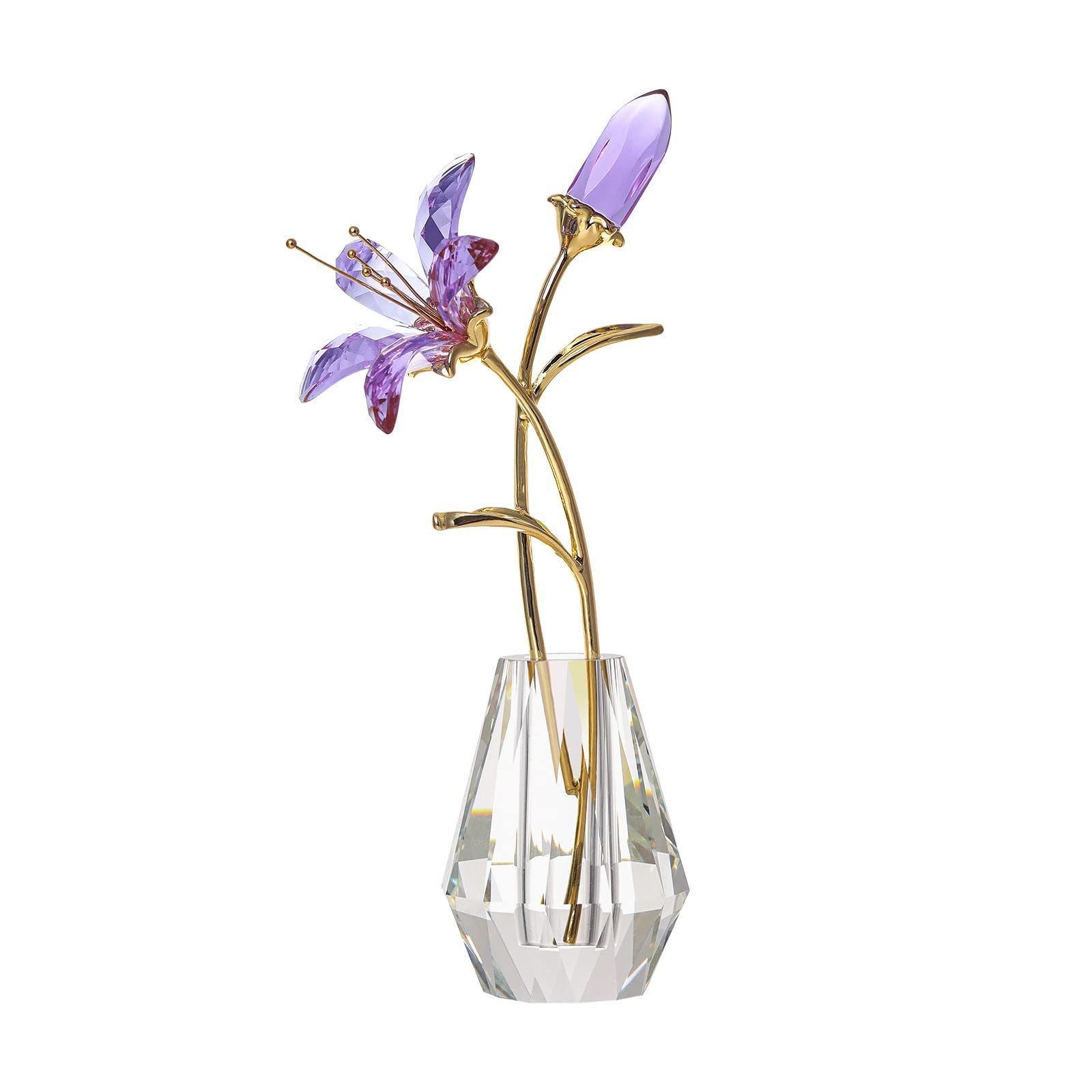 【人気商品】クリスタルユリの花と花瓶-パープルコーティングクリスタルコレクション小さな彫像が満開のユリの花を飾って家庭、結婚式の使用に供します-母の日、バレンタインデーの贈り物のアイデア