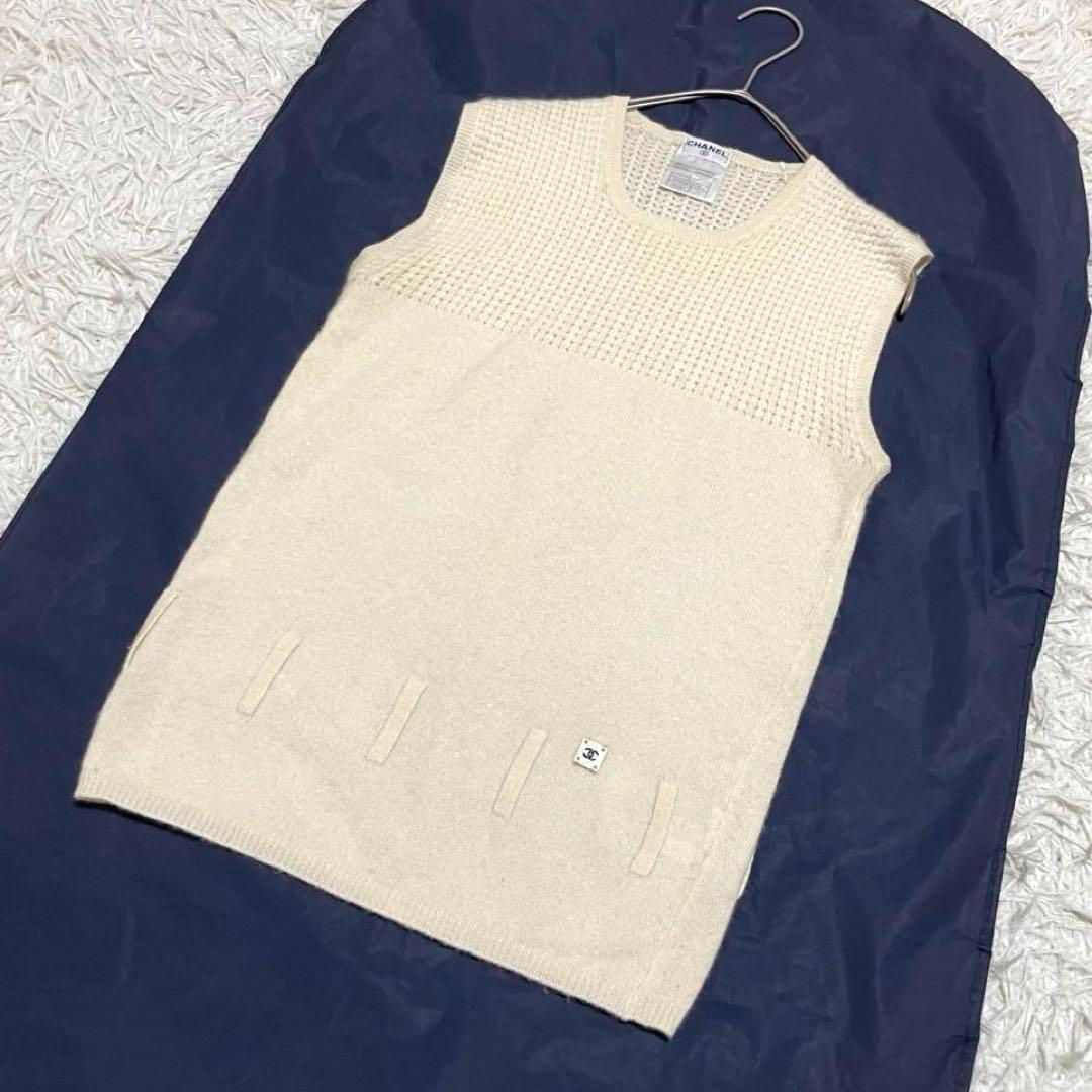シャネル カシミヤ ココマーク ロゴ ノースリーブ ニット 36