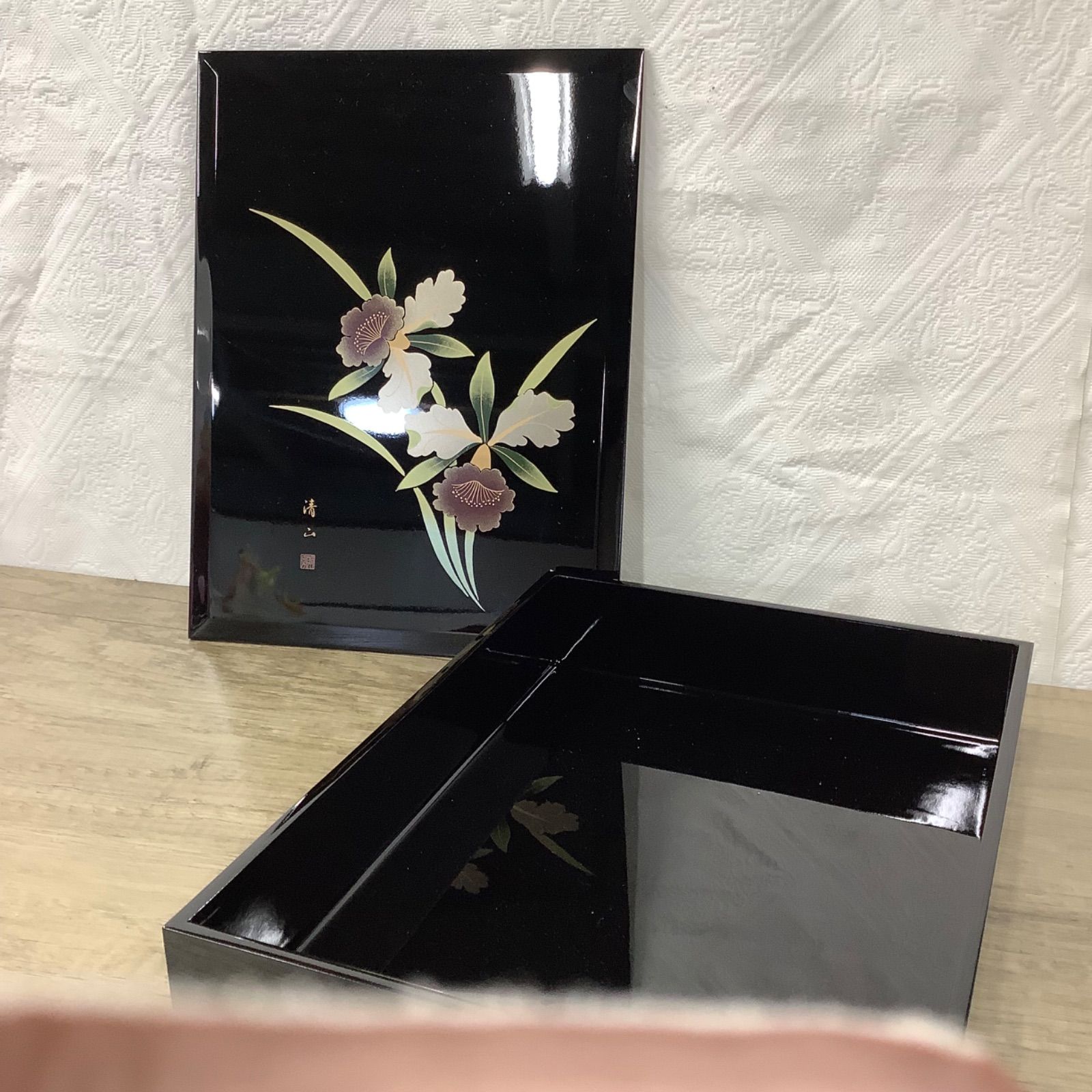 清山作】 漆塗 会津 漆器 蒔絵 木製 文庫箱 文箱 箱付き 【送料