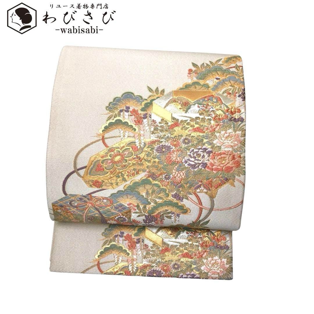 袋帯 貝桶に美しい四季の花柄模様 松 銀通し 金銀糸 白土色 O-3501 - メルカリ