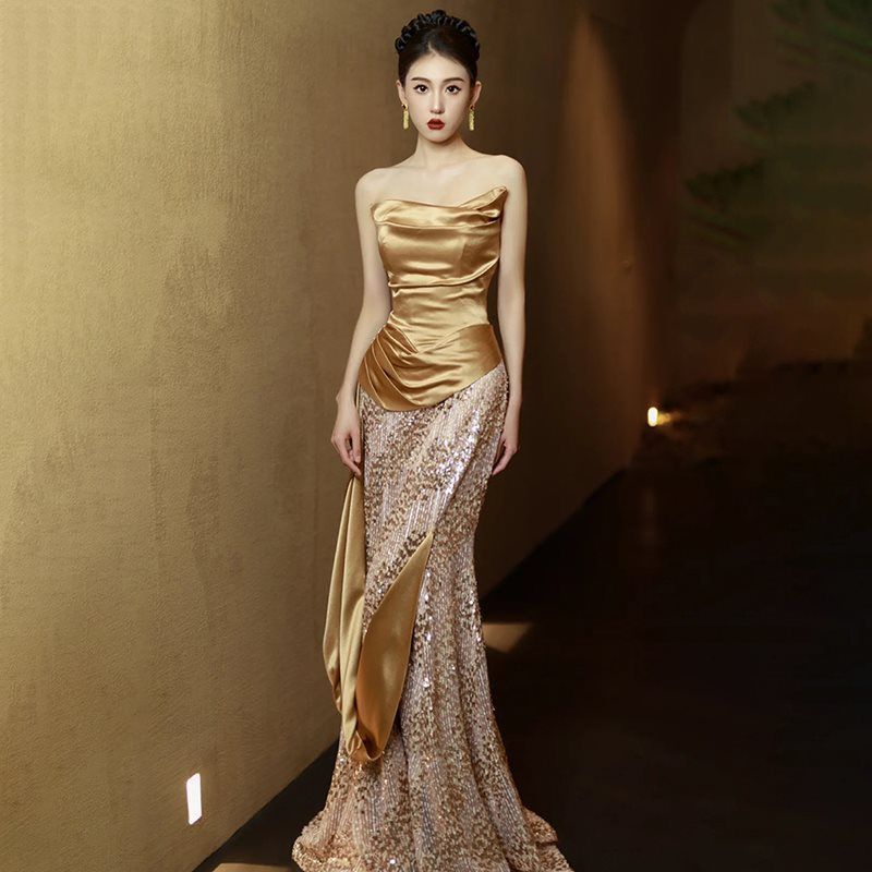 2025年 ゴールド ビストップ イブニングドレス 名媛 フィッシュテール オンステージ 演奏会 ウェディングドレス