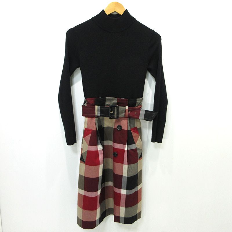 三重本店 BLUE LABEL CRESTBRIDGE | ブルーレーベル クレストブリッジ ワンピース ノヴァチェックドッキングニットワンピース 55J93-601-16 ブラック×レッド サイズ 38 112