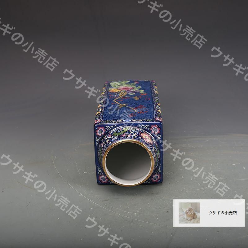 新品・未使用】磁器藍地琺瑯彩花鳥紋四方瓶 景徳鎮 陶磁器 装飾