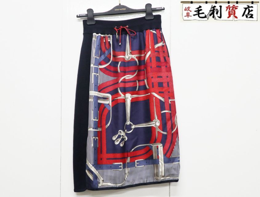 エルメス HERMES ゴルチエ期 ニットスカート ひざ丈 ウール シルク ネイビー レッド サイズ38 スカート