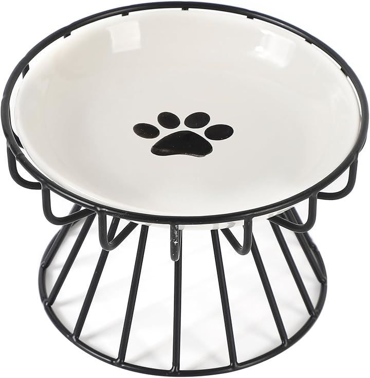 Queen-b 寵物碗 犬 貓 寵物 食器 碗盤 附支架 餵食碗 水碗 陶瓷 可微波爐 食碗機 清洗方便 寵物用品(腳印-黑色) 的縮圖