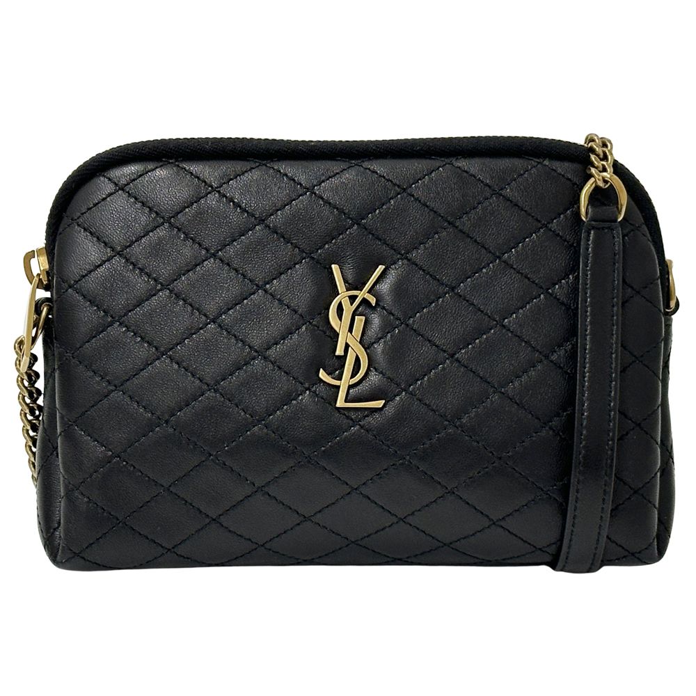 【チョコ】SAINT LAURENT ブラックレザーショルダーバッグ サンローランルーミニバッグ フリンジ チェーンショルダー 黒