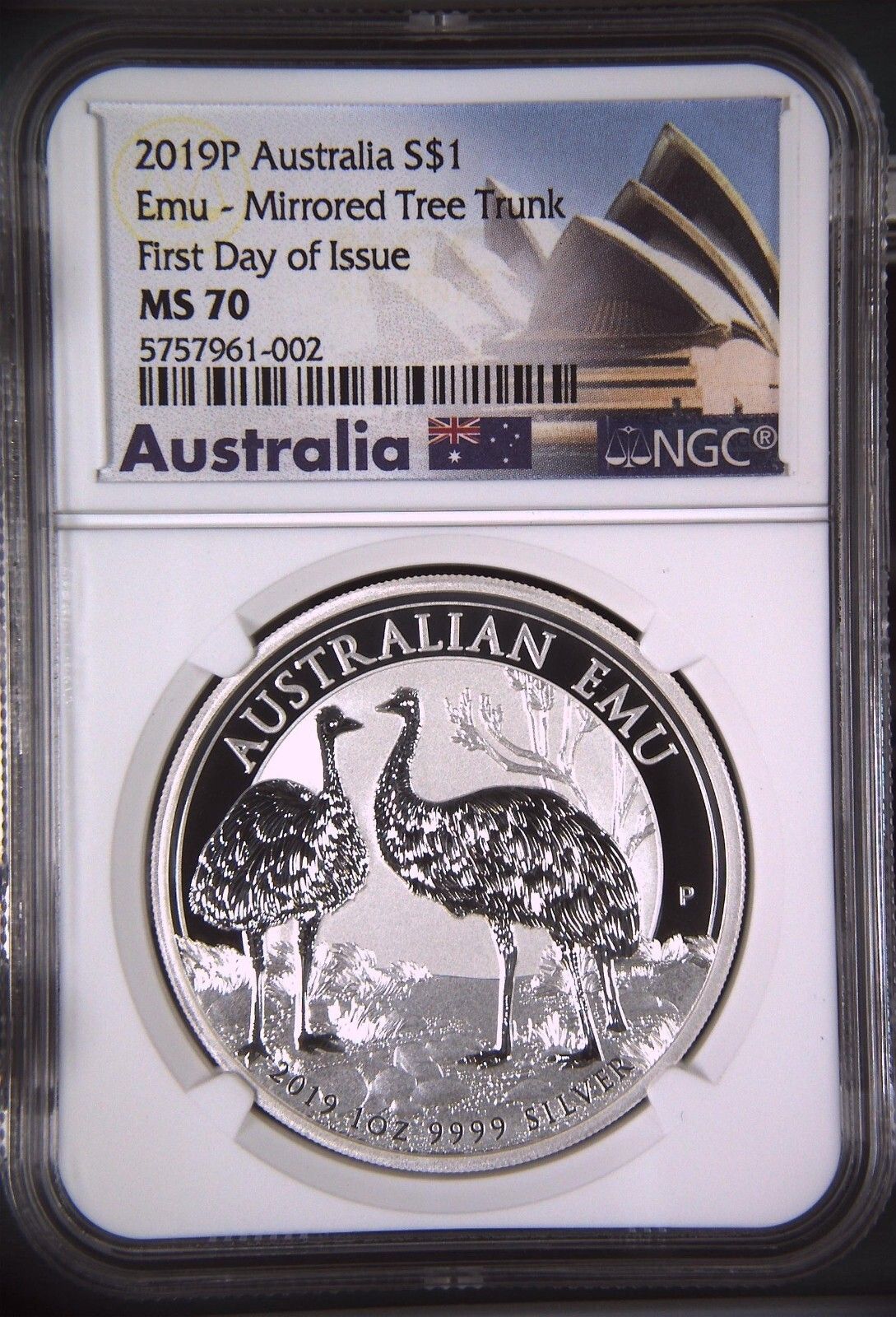 ATRALIA-SPECTACULAR EMU-MIRRTREE TRUNK S$1 TOP POP NGC GRADED MS70 2019P