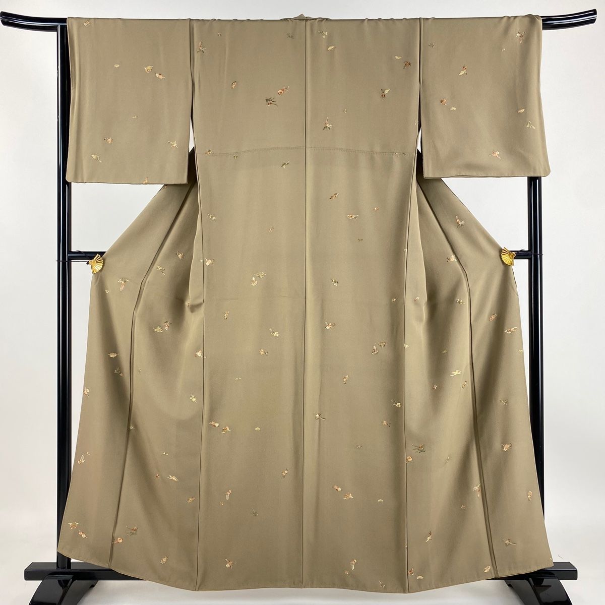 小紋 身丈165cm 裄丈67cm M 袷 宝尽くし 片輪車 輝宝織 茶緑色 正絹 逸品 中古