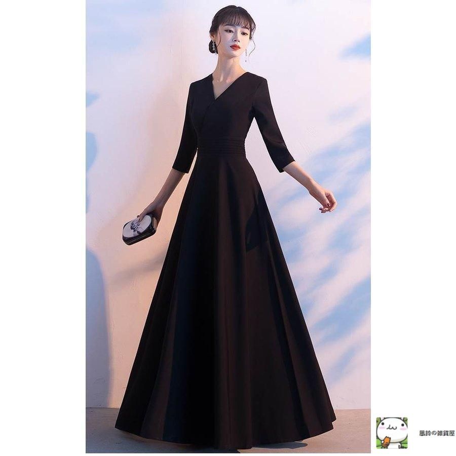 おしゃれロングドレスパーティードレス個性的袖ありVネックカシュクール結婚式二次会お呼ばれフォーマル演奏会発表会かっこいい おしゃれ ロング ドレス パーティードレス 個性的 黒 袖あり