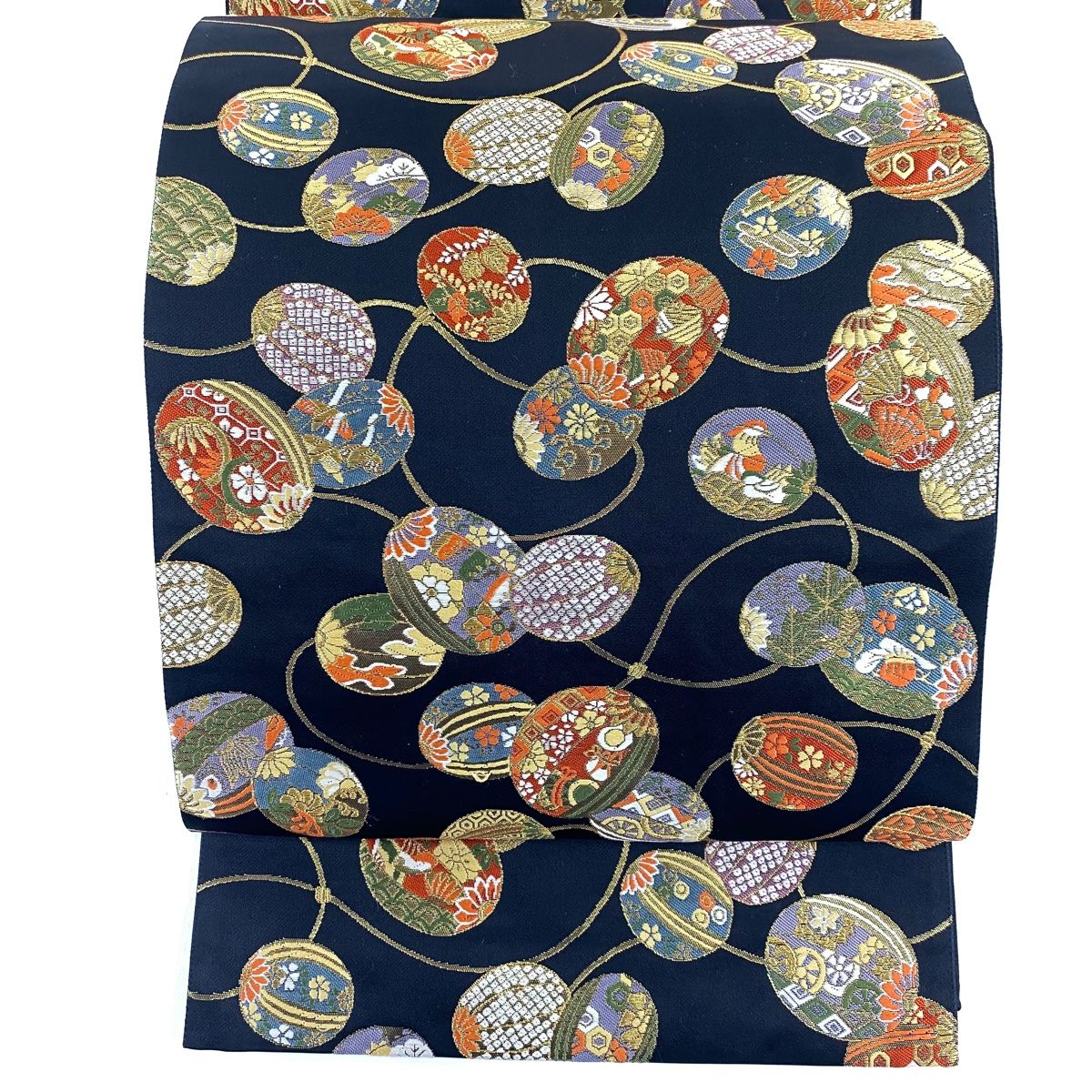 袋帯 秀品 器物 花鳥 金糸 箔 黒 六通 正絹