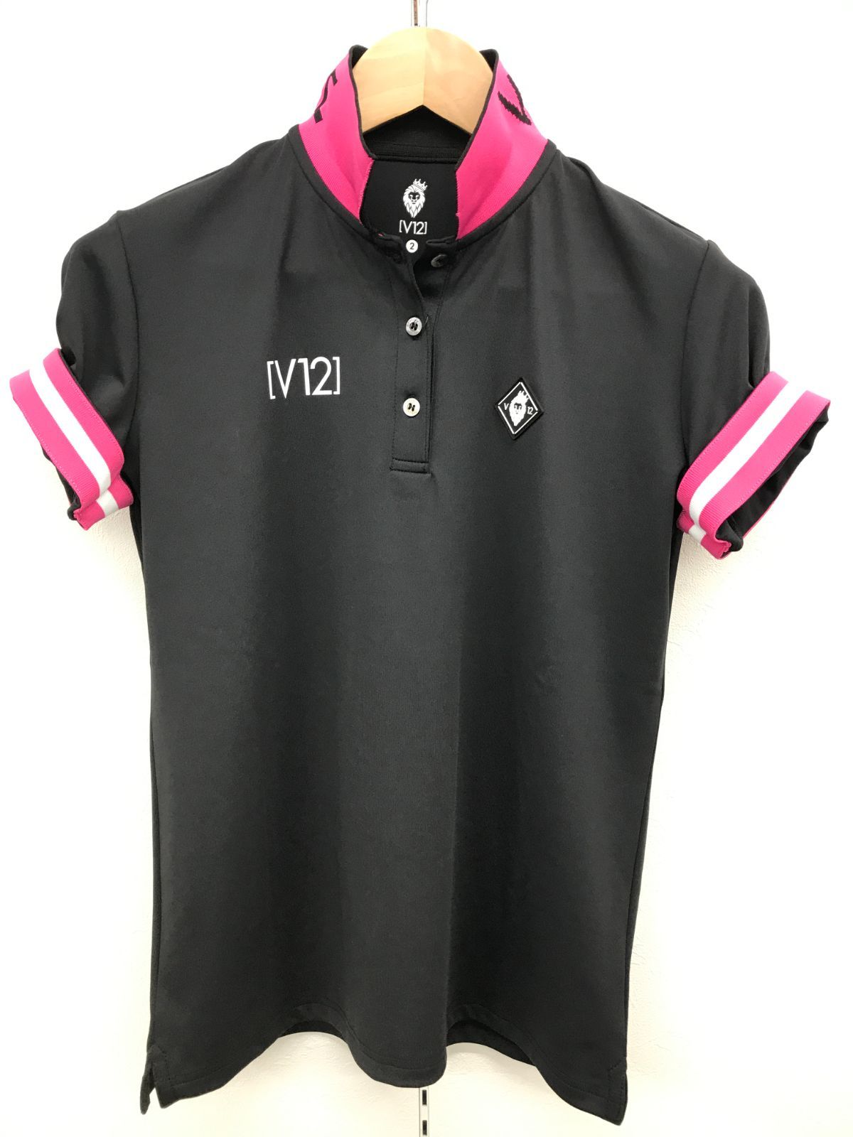 V12 半袖ポロシャツ レディース ブラック×ピンク