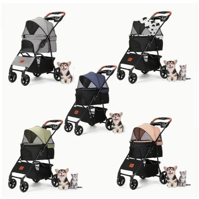 -デザインのペット用ベビーカー 猫と犬に適しており 折りたたみ式 旅行システム 金色 フレーム 耐久性 オックスフォード生地 4輪 ペット用ベ