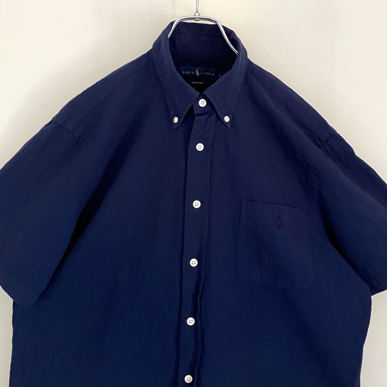 RALPH LAUREN シアサッカー 半袖シャツ ブルー 青 刺繍ロゴ XS 美品 レア ラルフローレン ロゴ 総柄 ポニー刺繍 シアサッカー