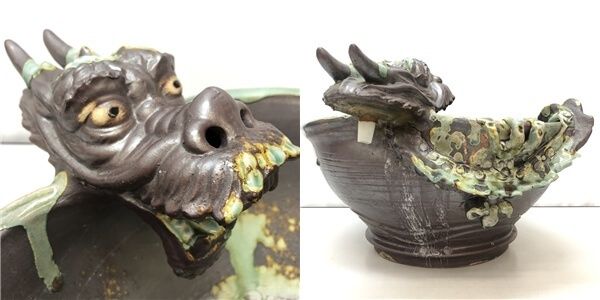 ss6372 陶器製 手水鉢 龍モチーフ グリーン系 茶道具 水鉢 つくばい