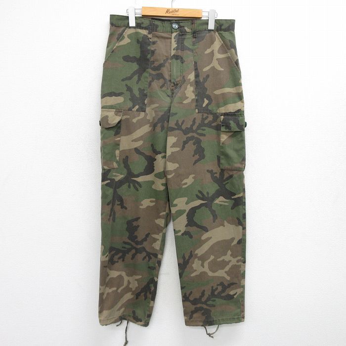 W34/古着 ベイカー カーゴ パンツ メンズ 90s ウッドランドカモ 緑他 グリーン 迷彩 24aug10 中古 ボトムス ロング
