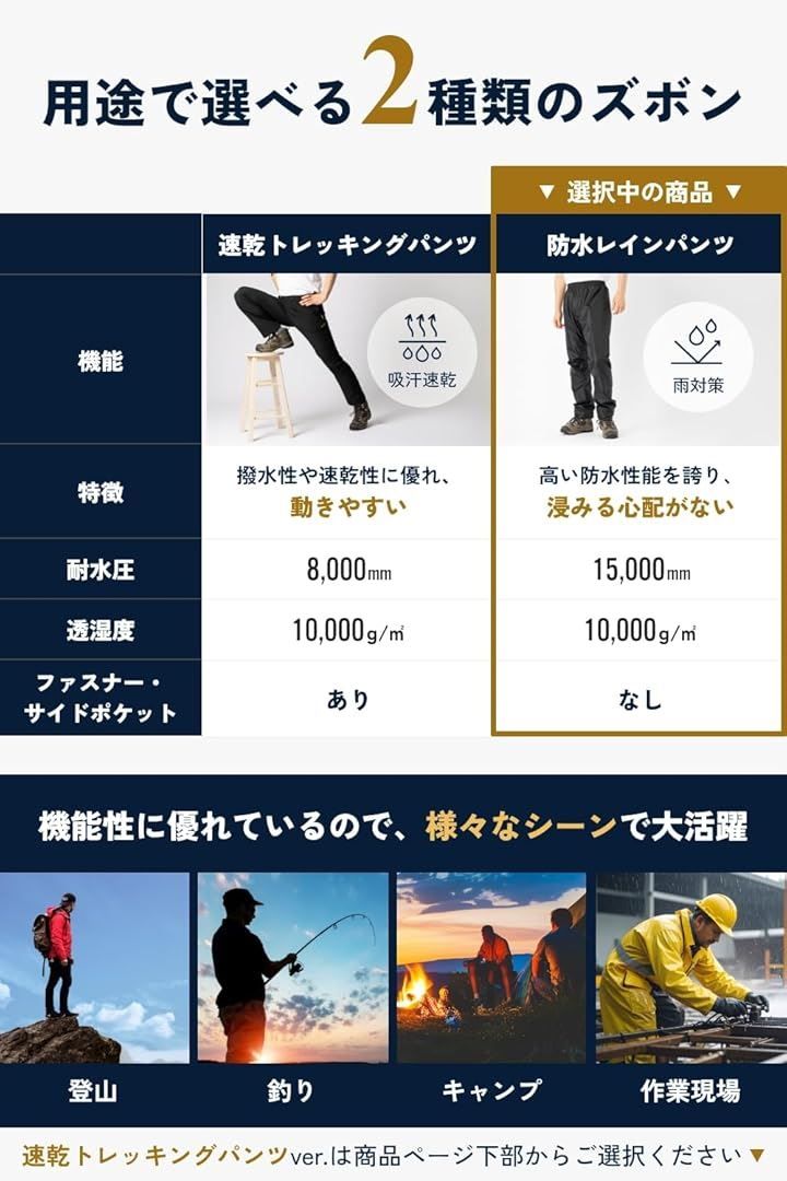 BENQUE ベンケ 大雨でも快適 アウトドアジャケット 上下セット メンズ 登山 レインウェア 釣り バイク レインパンツ マウンテンパーカー マウンテンジャケット 防水 撥水 カッパ 雨具 1.ネイビー 防水レインパンツ XL