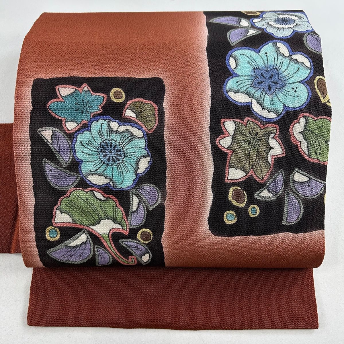 名古屋帯 美品 秀品 辻が花柄 ぼかし ちりめん 赤茶 正絹 【中古