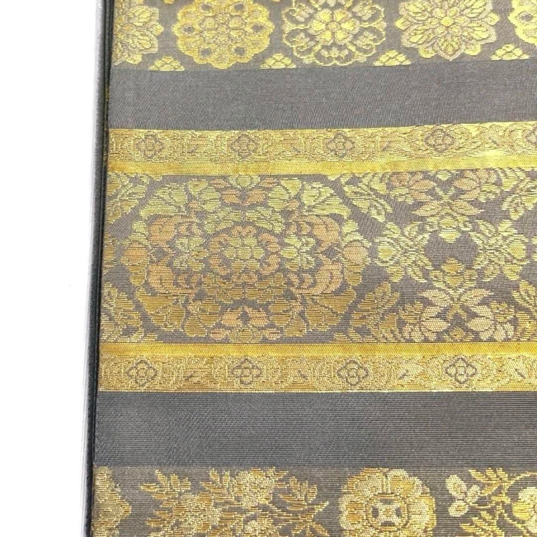 袋帯 全通 間道模様 華紋 唐花 横縞 草木染 本金箔 着物 帯 014a d  